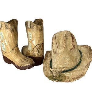 Hand painted Southwestern Cowboy Paper Mache Cowboy Hat & Boots Home Decor